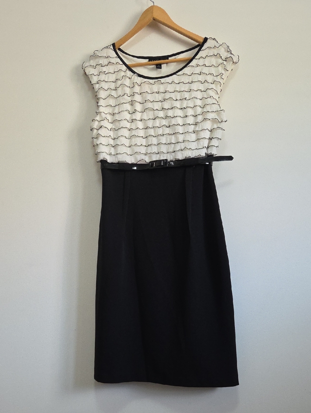 connected apparel Black and White Ruffled Bodice Midi Dress